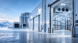 Industrial cold-storage facility with an open refrigerated room, rows of pallet storage, overhead cooling units and exterior refrigeration equipment.