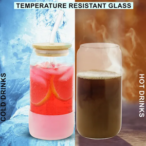 Glass tumblers infographics showing hot and cold beverage capability of the product. This photo is done for an Atlanta based seller by Atlanta base product photographer EtherArts