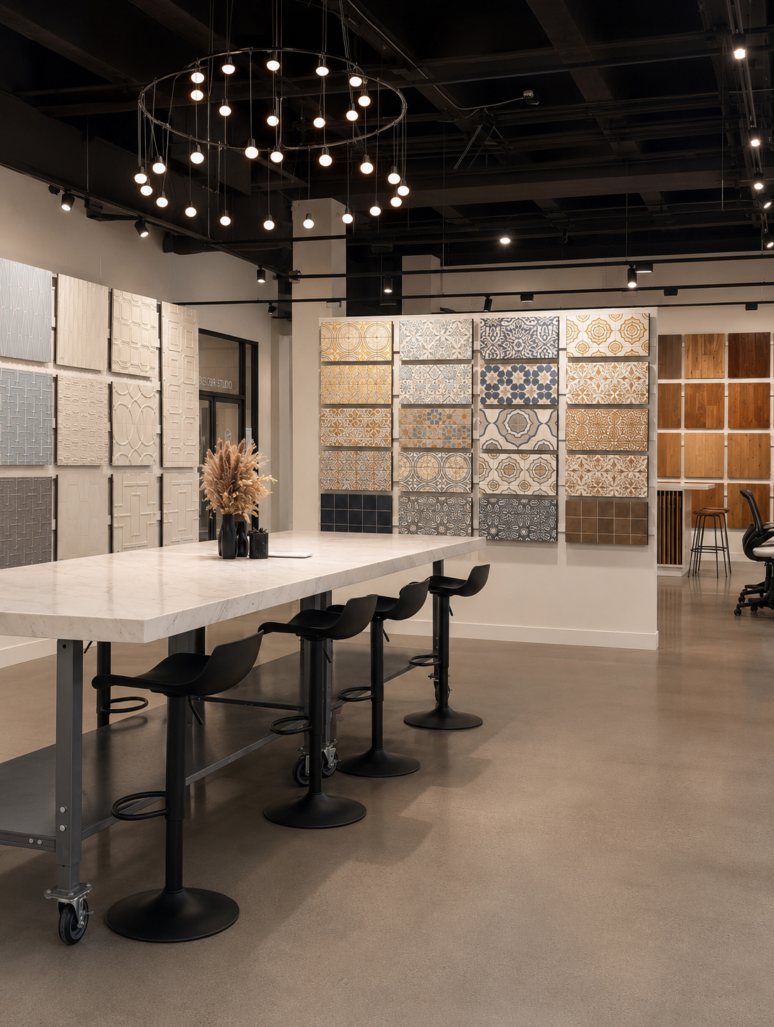 Galleher Duffy and Walker Zanger showroom at the San Francisco Design Center featuring flooring, tile, stone and surface displays.