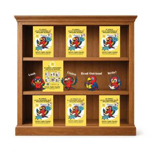 30 Verbs and pronouns bookshelf with parrots saying look listen read and write