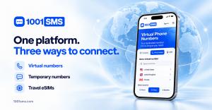 1001SMS platform offering dedicated virtual phone numbers, temporary numbers, and travel eSIM data plans.