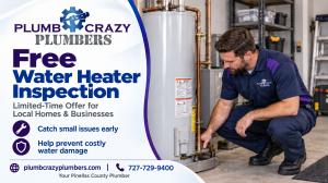 Plumb Crazy Plumbers free water heater inspection promotion with a technician beside a water heater.