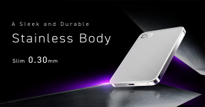 Product graphic showing a CIO power bank with a stainless steel back panel angled upright on a reflective black surface, with text reading "A Sleek and Durable Stainless Body, Slim 0.30mm.