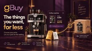 gBuy promotional graphic showing a coffee machine, gold and silver bars, and an order waiting for the shopper’s chosen price.
