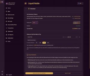 Screenshot of gBuy checkout showing a two-item cart, the current cost in gold, and a maximum gold amount set 20% lower.