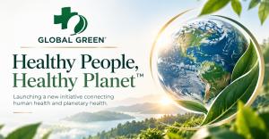 Global Green Healthy People, Healthy Planet™ initiative graphic featuring the Global Green logo, Earth and green leaves representing human and planetary health.