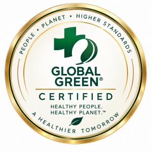 Global Green Certified Healthy People, Healthy Planet™ seal with green and gold circular design, Global Green logo, and certification wording.