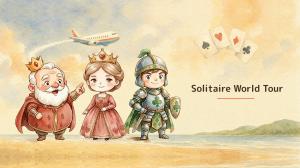 Watercolour key visual for Solitaire World Tour: the King of Diamonds, the Queen of Hearts and the Jack of Clubs stand on a beach, with a plane flying overhead, playing cards in the sky and the game's title