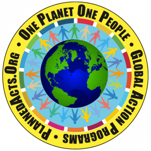 One Planet - One People Seal with heart at the center surrounded by people icons with blue sky background and then outer yellow ring with One Planet - One People and PlannedActs.org Global Action Programs