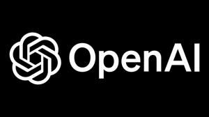 Open AI Interconnected logo and words: White in black background