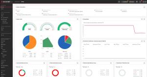 Screenshot of the redesigned SKUDONET Enterprise Edition 10.2.2 WebGUI dashboard showing system information, statistics, connections and monitoring.