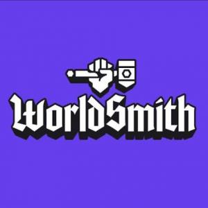 The WorldSmith company logo, featuring a white fist gripping a hammer above stylized text on a purple background.
