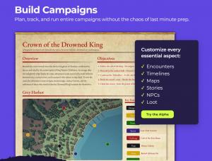 A promotional graphic for the campaign builder showcasing a generated adventure titled "Crown of the Drowned King" alongside an interactive town map.
