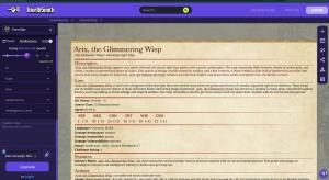 A digital interface displaying a generated 5e stat block for a Tiny Elemental creature named "Arix, the Glimmering Wisp".
