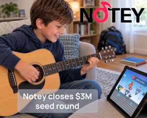 A boy playing an acoustic guitar on a sofa beside a tablet showing the Notey game, with the Notey logo and the line Notey closes $3M seed round
