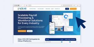 Screenshot of the VCS HR website featuring scalable payroll processing and workforce management solutions, with payroll and workforce management dashboards shown on desktop, tablet and mobile devices.