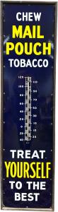 73½-inch-tall framed porcelain advertising thermometer for Mail Pouch Tobacco with deep cobalt-blue field and reading, “Chew Mail Pouch Tobacco / Treat Yourself to the Best.” Estimate: $1,500-$2,500