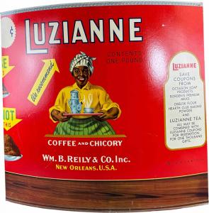 Luzianne Coffee and Chicory advertising sign with graphics that feature the familiar Luzianne server carrying a steaming cup and coffee service, 24 inches in diameter. Estimate: $400-$800