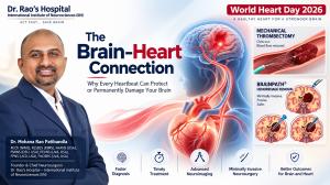 World Heart Day 2026 hero banner showing the Brain-Heart Connection with Dr. Mohana Rao Patibandla, a glowing human brain connected to an anatomical heart, mechanical thrombectomy, and BrainPath hemorrhage removal for stroke and brain hemorrhage awareness