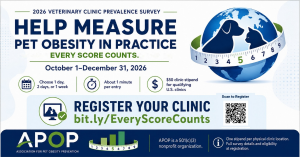POP 2026 Pet Obesity Prevalence Survey graphic inviting veterinary clinics to measure body condition in dogs and cats from October 1 through December 31, 2026.