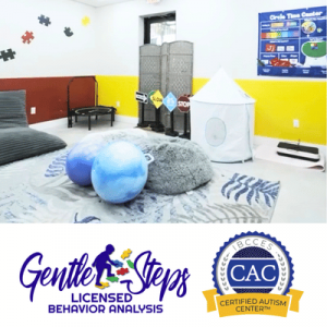 Sensory therapy room with exercise balls, crash mat, play tent, trampoline, puzzle wall decals, and behavior analysis certification logos.