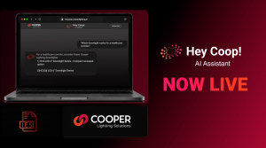 Promotional graphic showing the Hey Coop! AI assistant on a laptop beside “Now Live” text, an IES file icon and the Cooper Lighting Solutions logo.