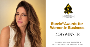 Daniela Messina alongside a 2026 Stevie Awards for Women in Business winner announcement.