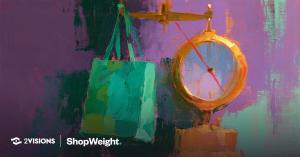  Pop-art painting of a green shopping bag hanging from a brass scale, with the 2 Visions and ShopWeight logos in white at the bottom left.