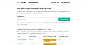 The ShopWeight home page, with the headline See which apps slow your Shopify store, a store address field, a Check my store button and the top of the most common apps table.