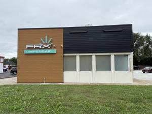 The newest FRX Dispensary location at 2021 N. Verity Parkway in Middletown, Ohio, featuring convenient drive-thru service and daily hours from 9 AM to 9 PM.
