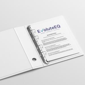 A binder open to a printed page showing the EvoluteEQ logo and tagline "Align, Execute, Sustain" above a Brand Rollout Plan document listing steps for handling business and legal foundations, securing digital real estate, and setting up an email marketing