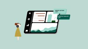 Illustration of a person looking up at a large tablet displaying a dashboard with progress bars, a bar chart, and a line graph, alongside two callout labels reading "Unique Visitors 1,265" and "Monthly Sign Ups +287," on a sage green background.