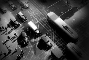 The creature's shadow flying above oblivious pedestrians on the streets of Washington, DC in 1936