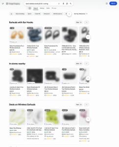 Google Shopping screenshot showing JBL Endurance Peak 3 earbuds at $109.95 and a $74.95 Best Buy offer for the same model. Logos blurred.