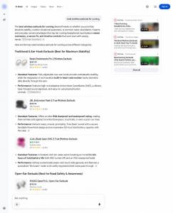 Google AI Mode screenshot listing JBL Endurance Peak 3 earbuds at $109.95 with a 4.0-star rating and 3.3K reviews. Logos blurred.