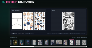 PixAI Tsubaki.3 Tech Report In-Context Generation. Sample Instruction · Generate a manga page using the panel layout and both character references.