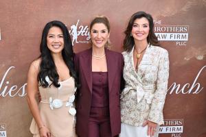 Co-Chair Alex Joven Kinsey, Brittany Franklin, and Co-Chair Peyton Wallace at the step and repeat at the Sky High for Kids' annual Ladies Who Brunch event in Houston, TX