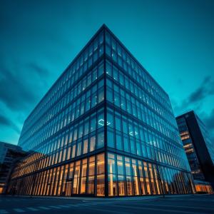 Glass corporate office building lit from within at dusk under a deep teal sky
