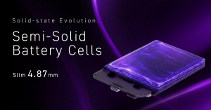 Dark purple background with a glowing swirl of light. Text reads "Solid-state Evolution. Semi-Solid Battery Cells. Slim 4.87mm." A thin, rectangular battery cell with a marbled purple and black surface and a USB-C connector is shown at an angle on the rig