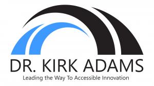 Logo featuring sweeping blue and black arcs above the text 'DR. KIRK ADAMS,' with the tagline 'Leading the Way To Accessible Innovation' below on a white background.