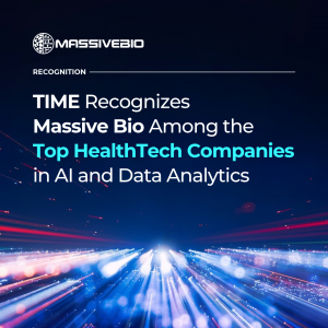 Massive Bio graphic with the headline "TIME Recognizes Massive Bio Among the Top HealthTech Companies in AI and Data Analytics" over a dark blue background with glowing streaks of light.