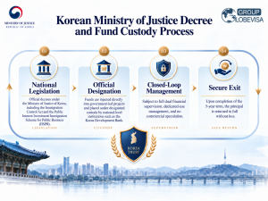 An infographic illustrating the South Korean Ministry of Justice's principal-guaranteed fund custody process, detailing national legislation, official designation, closed-loop management, and secure exit.