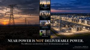 138 kV transmission beside undeveloped data center land compared with an energized hyperscale AI campus, illustrating transmission proximity versus deliverable power.