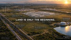 Power-first AI data center site showing 520 acres with 138 kV transmission, substation, natural gas, water and fiber infrastructure for hyperscale development.