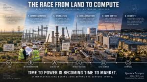 Data center development timeline from land and utility interconnection through natural gas generation, infrastructure construction and operating AI compute capacity.