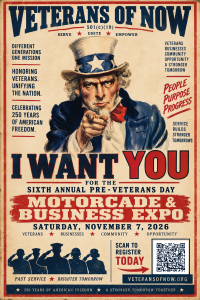 Illustrated Veterans Of Now Motorcade and Business Expo poster featuring Uncle Sam and the November 7, 2026 date.