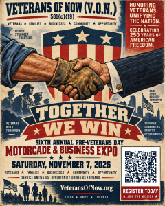 Illustrated Together We Win poster promoting Veterans Of Now’s November 7, 2026 Motorcade and Business Expo.