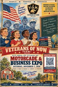 Illustrated Veterans Of Now poster featuring children, veterans and the November 7, 2026 Motorcade and Business Expo.
