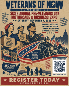 Illustrated Veterans Of Now poster featuring motorcycle riders and the November 7, 2026 Motorcade and Business Expo.