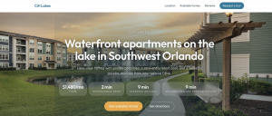 an apartment community website built with brightplace Direct, showing pricing, location highlights and a request-a-tour option.